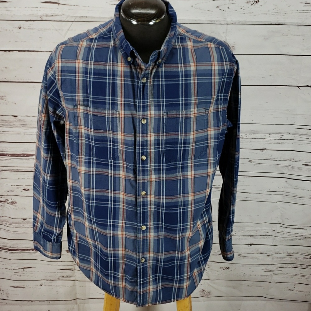Wrangler Men's Navy and Tan Plaid Button Down Shirt